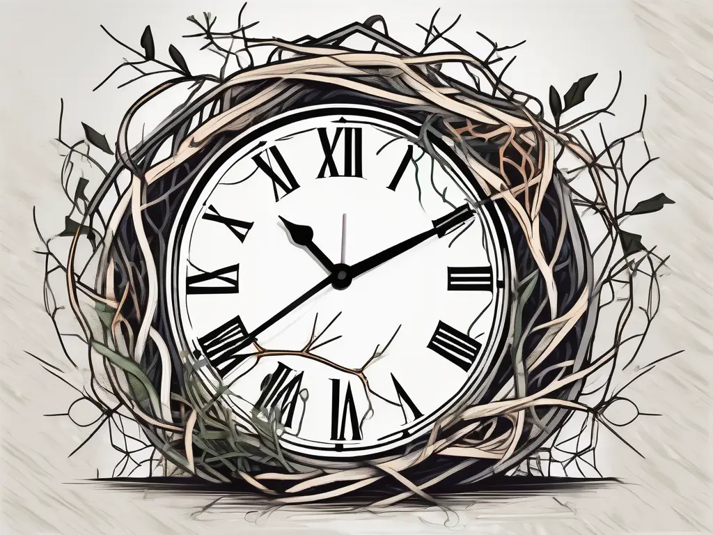 A clock entangled in thorny vines